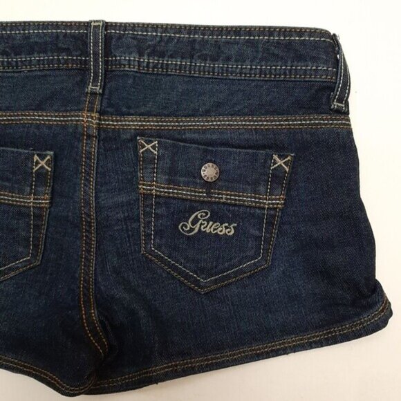 GUESS Dark Blue Jean Short Shorts Whiskering Details Sz 25 - Picture 7 of 10